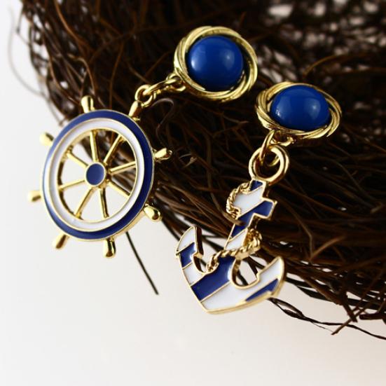 Women's Elegant Navy Anchor Helm StyleLong Dangle Drop Jewelry Earrings