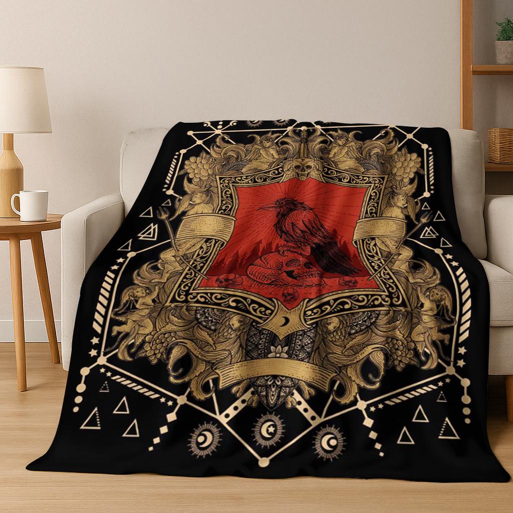 Viking Fenrir Raven Norse Mythology Skull Rune Flannel Blanket Soft Warm Blanket for Bedroom Room Office Travel Camping Picnic