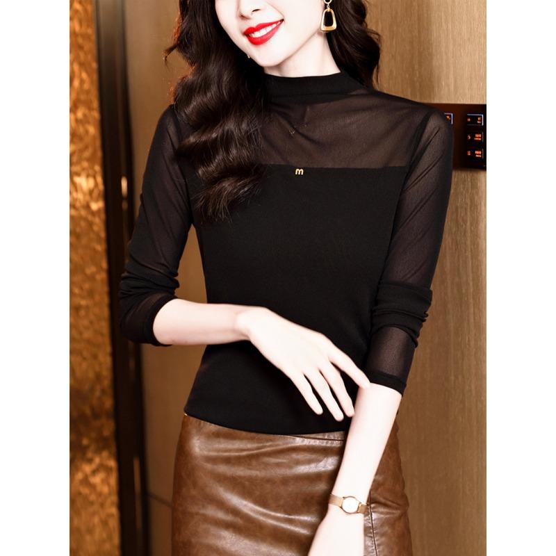 Новая зимняя стильная универсальная рубашка с полуводолазкой, тонкая рубашка с длинным рукавом и сетчатой основой, футболка для женщин