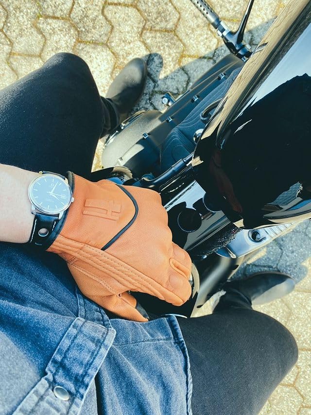 Harssidanzar Leather Motorcycle Gloves with Powersports Joint Protection Motorcycle Gloves Small Men's Touchscreen, GM028JP, Yellow,