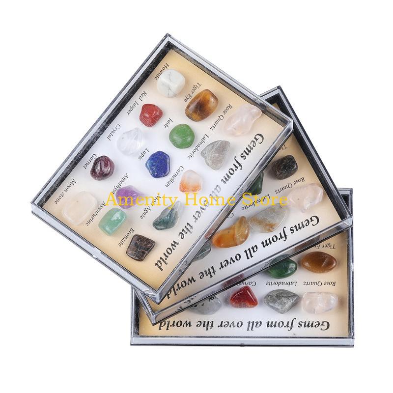 F26C 15 Pieces Set Multi Colors Rock Collection Mixed Natural Mineral Ore Specimens with Box Jewelry Sets