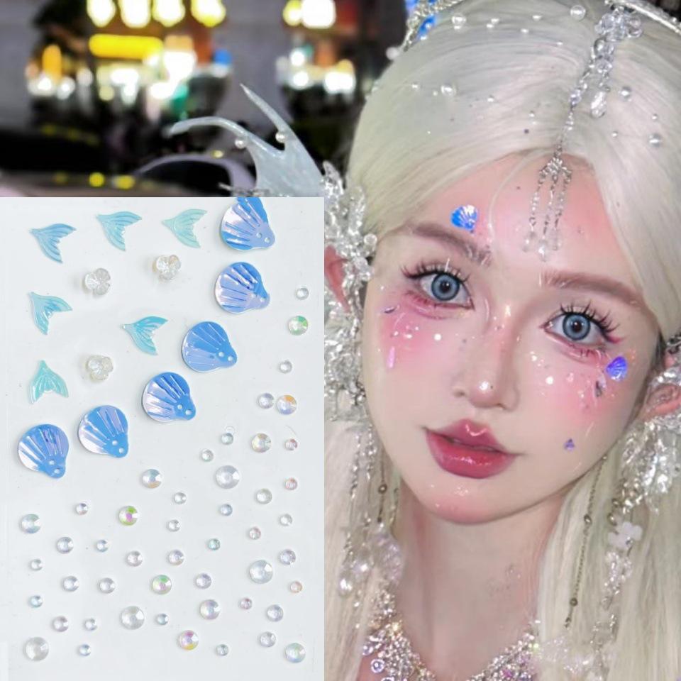 Наклейки на лицо со стразами «Принцесса-Русалка» для детей - Нетоксичные, с пайетками, дизайн «Хвост Ракушки» для сценического макияжа