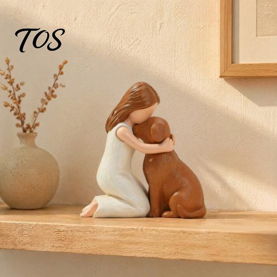 Dog Lover Gifts Girl Hugging Resin Figurine, Hand-Painted Pet Companion Sculpture, Brown Black Healing Animal Sculpture Desktop Ornament, Remembrance