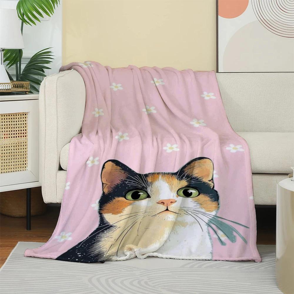 Softcolored floral cat pattern Flannel printed blanket suitable for all seasons suitable for living room office sofa and travel