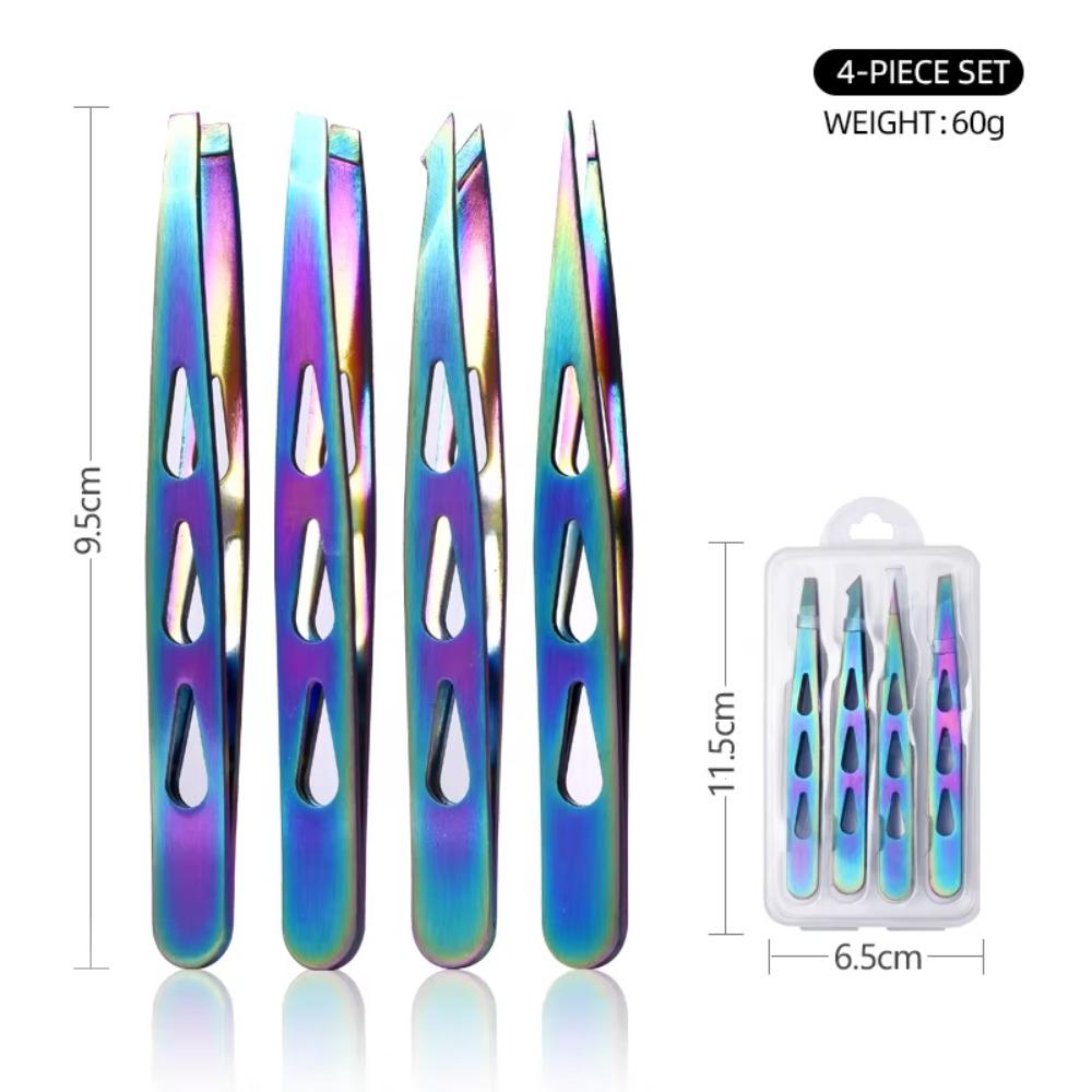 4PCS/Set Stainless Steel Eyebrow Tweezers Oblique Mouth Pointed Tip Beard Tweezers Portable Multifunctional Lash Extension Tool