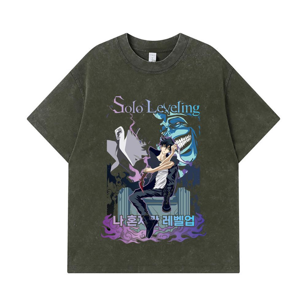 275 GSM Washed T-shirts 100% Cotton Solo Leveling V6 Print Unisex Heavy Cotton T Shirt