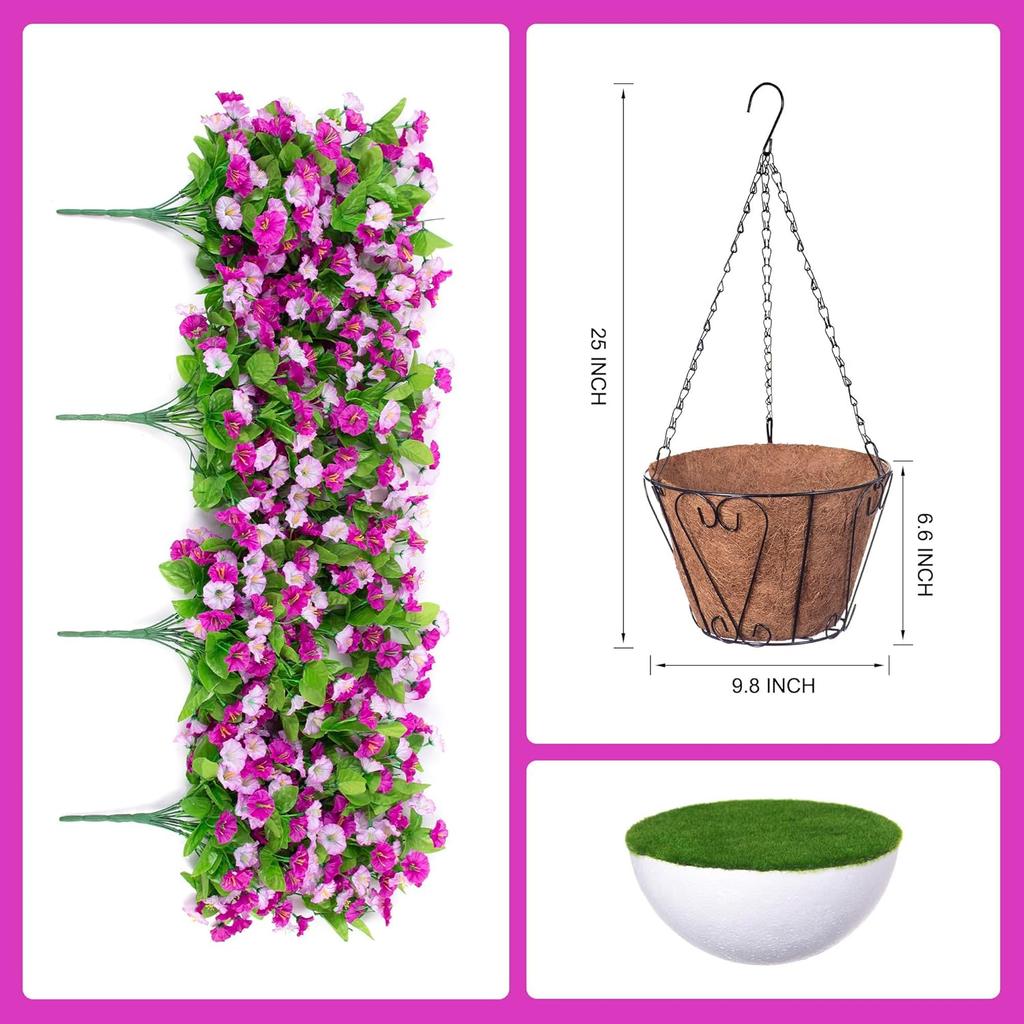 Hanging Baskets with Artificial Flowers for Plants Outdoor Indoor, Faux Silk Morning Glory Vines, Faux Green Plant Arrangement