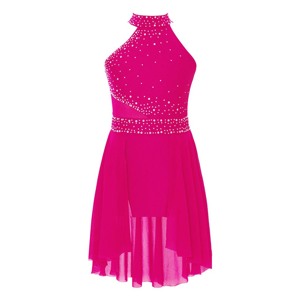 Girls Glittery Lyrical Dance Dress - Rhinestone Decor & Irregular Hem for Stage Performances