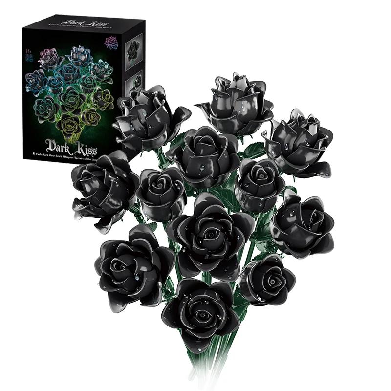 12PC Black Rose Building Block Plant Bouquet Simulated Roses Flowers Gothic Decoration Home Display Adult Holiday Gifts Toys