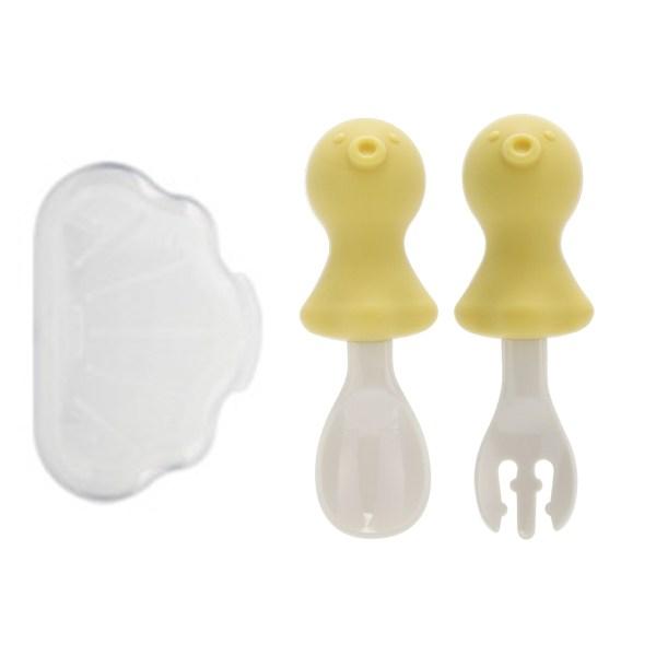 Edison Baby Octopus Self-Direction Silicone Spoon + Fork + Case Set, Yellow