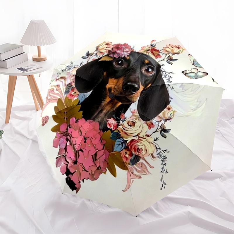 1pc Floral Dachshund with Butterflies Umbrella with Plastic Handle,Suitable for All Seasons Home Travel Outdoor UmbrellaDD1771