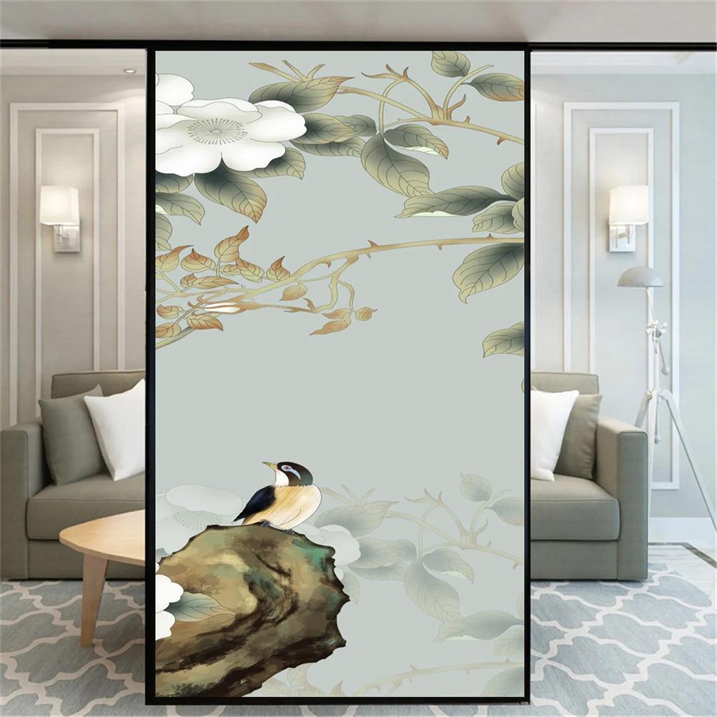 Static Cling Decorative Windows Film Privacy Flower and Bird Glass Window Stickers Frosted Window Film for Home Decor