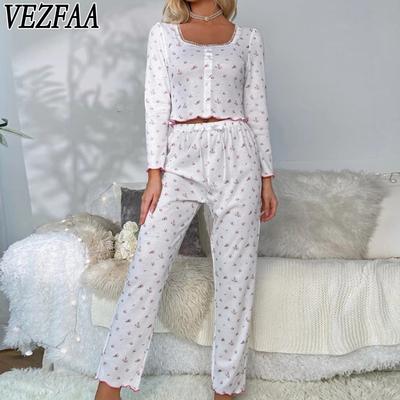 Женская мода повседневная весна осень цветочный узор принт длинный рукав квадратный воротник брюки брюки костюмы