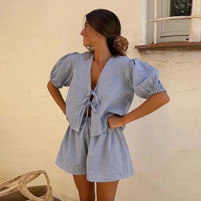 Модный полосатый принт с бантом на шнуровке женский костюм с шортами сексуальная рубашка с ажурными рукавами-фонариками повседневные широкие короткие брюки 2024 женский костюм