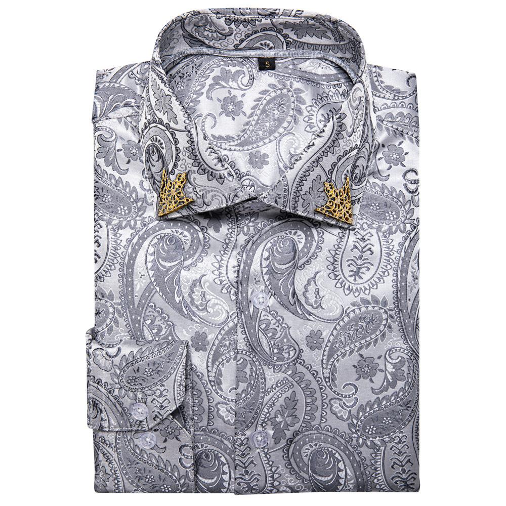 Mens Long Sleeve Shirt Black Design Casual Shirt Silk Paisley Shirt Collar Pin Luxury Mens Fashion