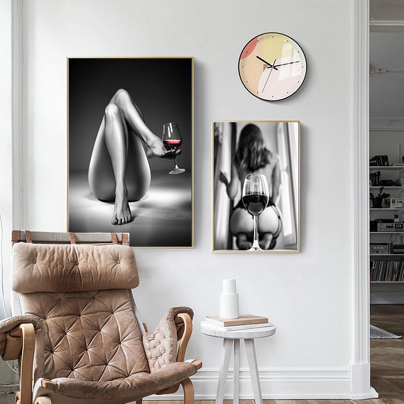 Modern Black and White Nude Art Poster Printing Sexy Girl Wine Glass Wall Art Pictures for Bedroom Bathroom Home Decoration