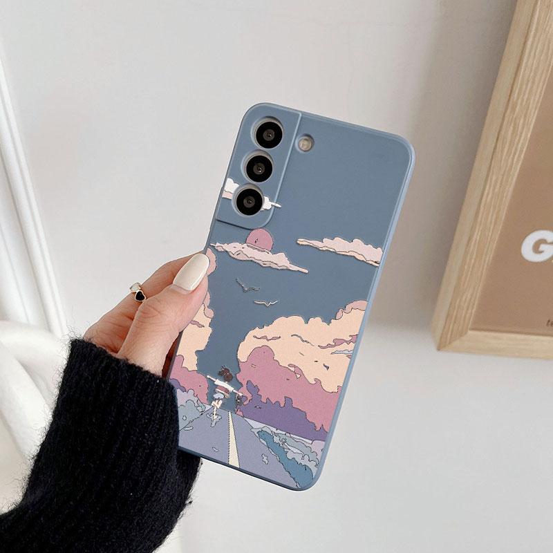 Чехол с пейзажем в корейском и японском стиле для Samsung Galaxy S24 S23 S22 Ultra S21 S20 FE S10 S24 Plus 5G Роскошная силиконовая жидкость Чехол для телефона