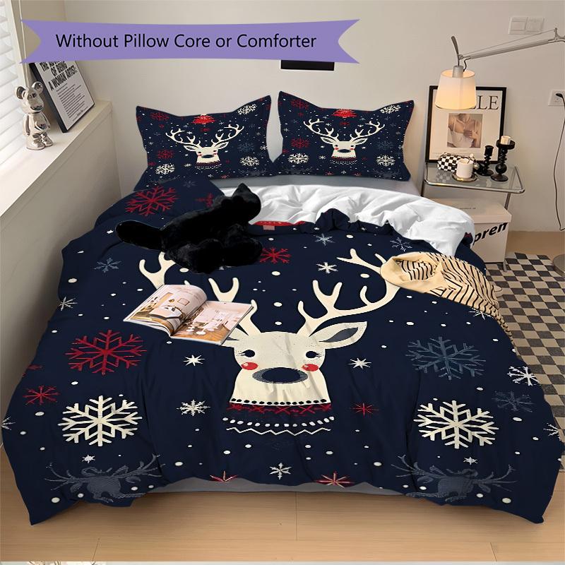 3pcs set Christmas Deer 1 Quilt Cover + 2 Pillowcases, All Seasons Bedroom Setting, Perfect for Home and Dorm Decor a153