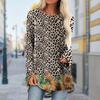 Plus Size Women Autumn Leopard Sunflower Printed Comfy Long Sleeve Round Collar T-shirt Casual Baggy Mid Length Tee Tops