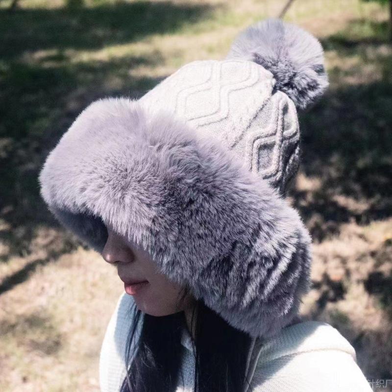 Hunting-Style Women's Faux Fox Fur Pom-Pom Earflap Hat Wool Knit Business Travel Ski Beanie 100% Polyester
