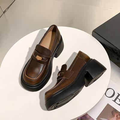 Женские туфли из натуральной кожи на высоком каблуке на платформе, черные универсальные лоферы на массивном каблуке