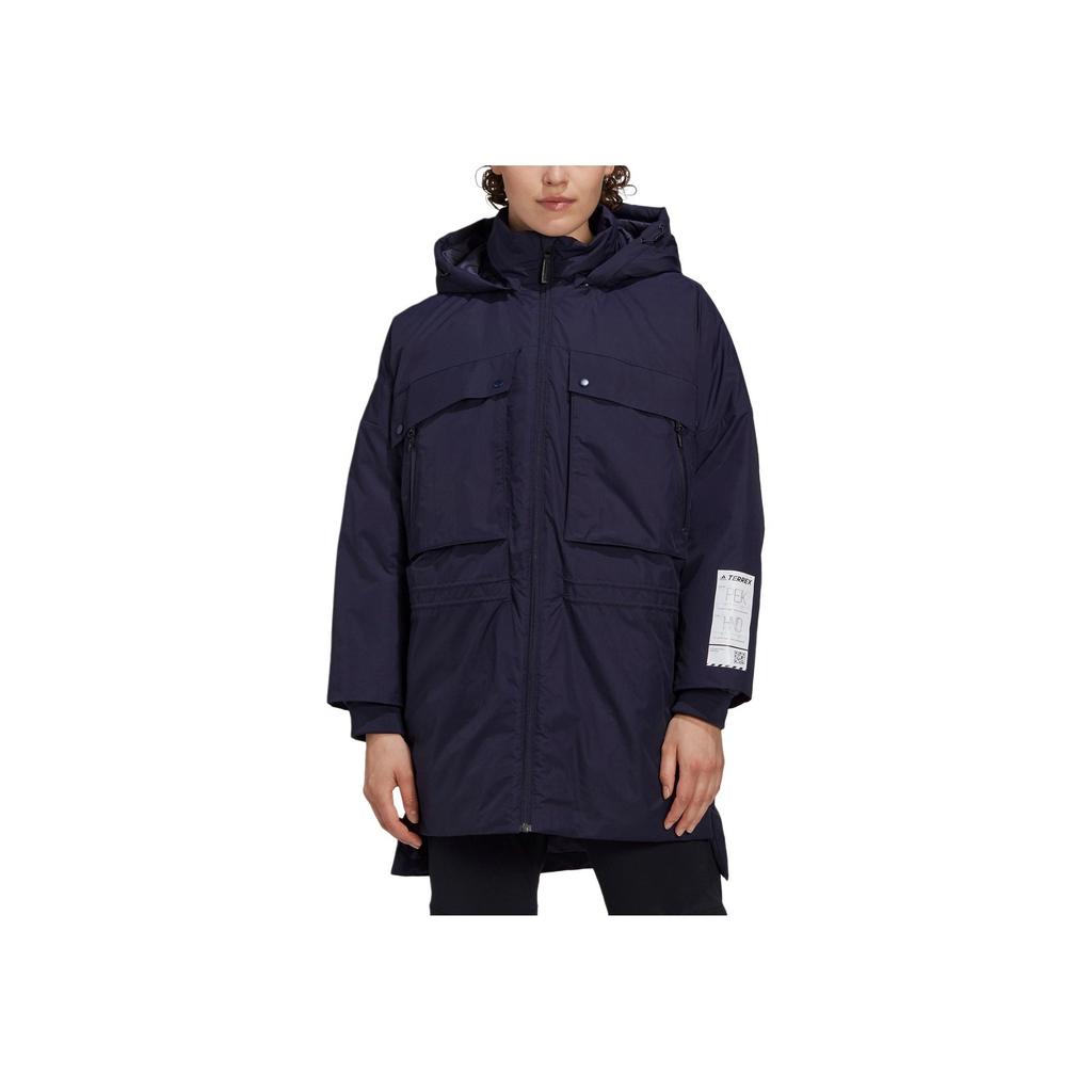 Adidas Однотонная повседневная куртка-пуховик средней длины с капюшоном для женщин, верхняя одежда, синяя GE9970