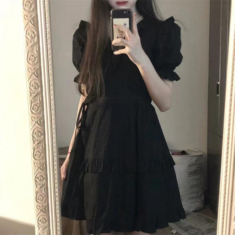 Черное платье для женщин, короткое платье со свободной талией, готическое летнее однотонное повседневное сексуальное вечернее платье трапециевидной формы для дня рождения