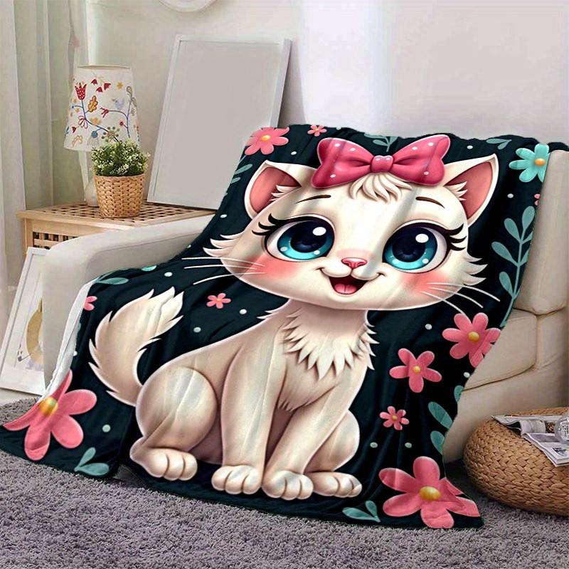 1pc Cute Cartoon Cat with Pink Bowknot Blanket - Seasonal Home Decor, Throw Blanket for Room, for Decorating Your Own Sofa and Living Room,