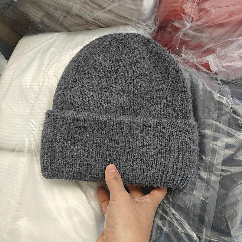 White rabbit fur knitted thickened ear protector wool hat for women's autumn and winter big head circumference loose and small face, warm bag head col