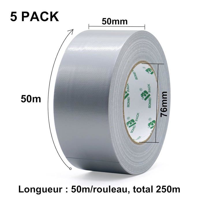 BOMEI PACK Unil - Ruban Adhésif Toilé Gris, Heavy Duty Duct Tape 5 rouleaux 50 mm x 50 m pour les travaux de réparation, fixatio32