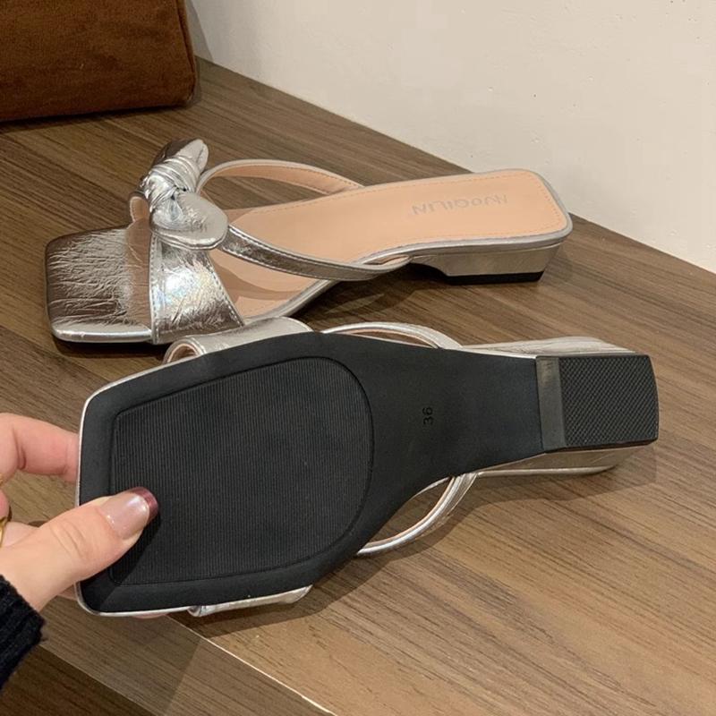 Fashion SUOJIALUN 2025 Summer New Women Slipper Fashion Bow-knot Slip On Slides Shoes Square Low Heel Outdoor Dress Sandal Shoes