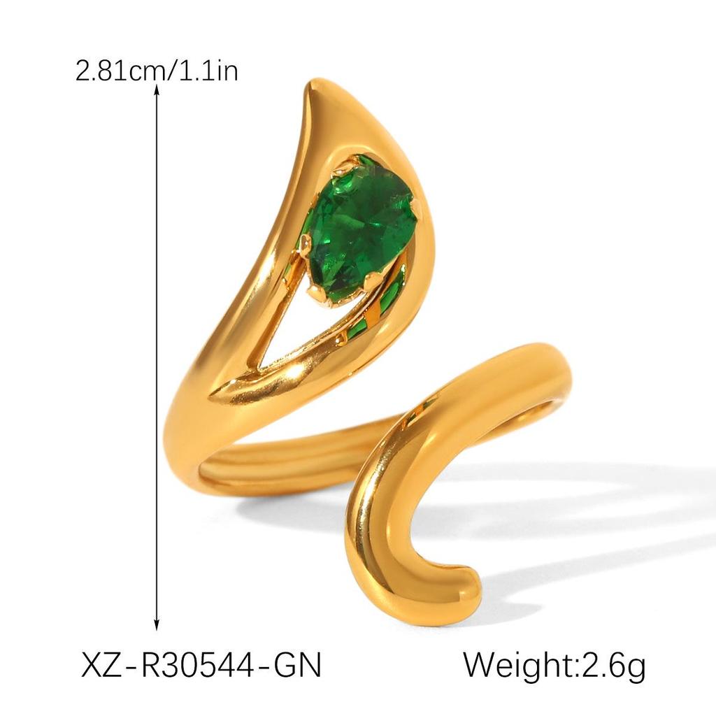Retro Green Gemstone Zircon Stainless Steel Open Ring for Women