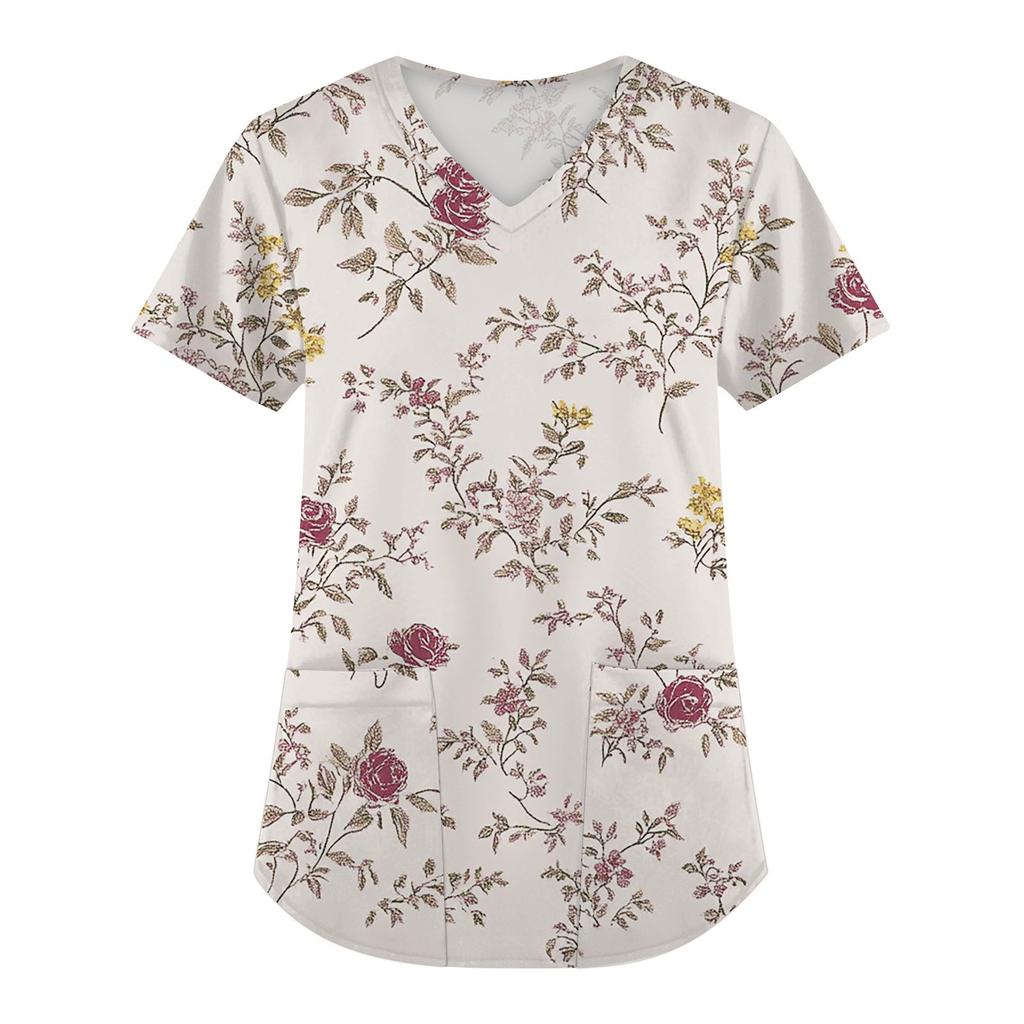 Женская мода с коротким рукавом и V-образным вырезом с карманами и цветочным принтом Топы Одежда