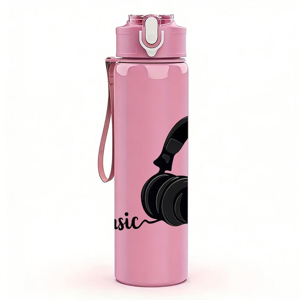 1PC Black Over Ear Headphone Simple Print 750ml Color Plastic Sports Water Bottle Leakproof Flip Straw Lid Suitable for Sports Office Home Use