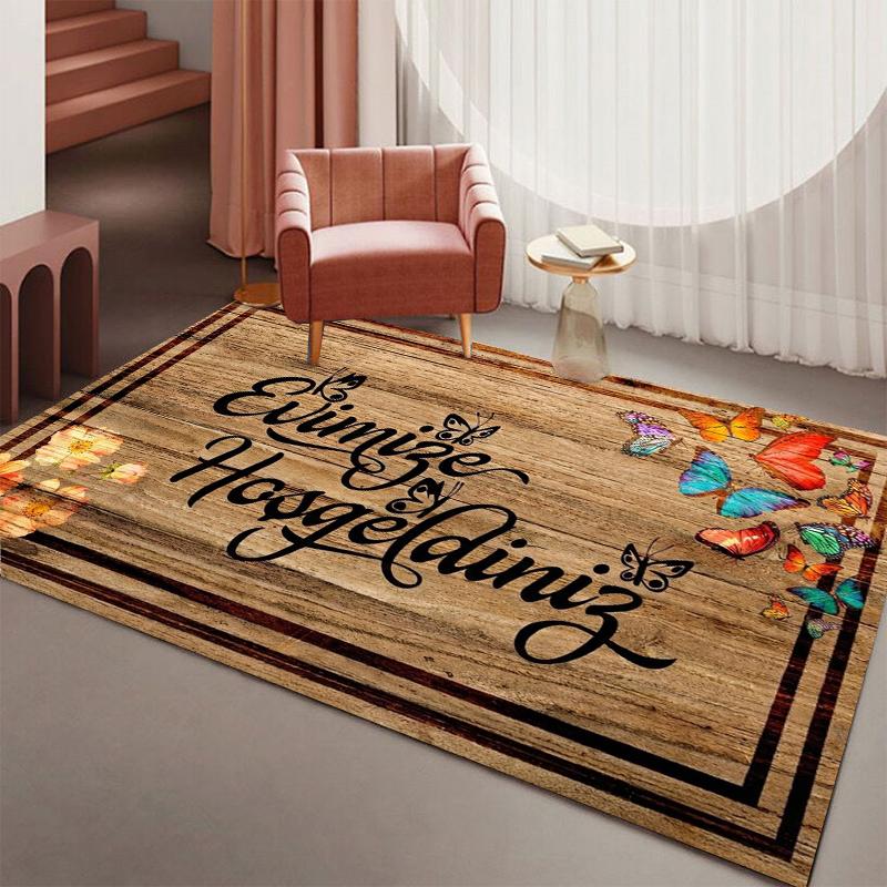 Turkish Evimize Hoşgeldiniz Welcome Rug Wood Grain Doormat NonSlip Easy Clean Warm Carpet for Living Room Bedroom Pet Friendly