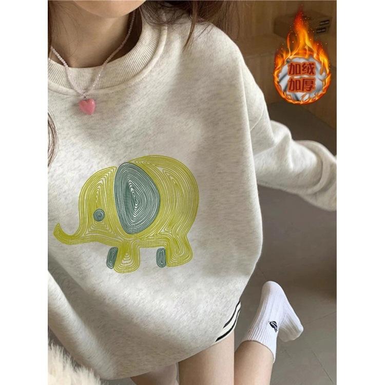 White gray round neck pullover sweater women's new popular autumn and winter velvet loose large size top jacket tide