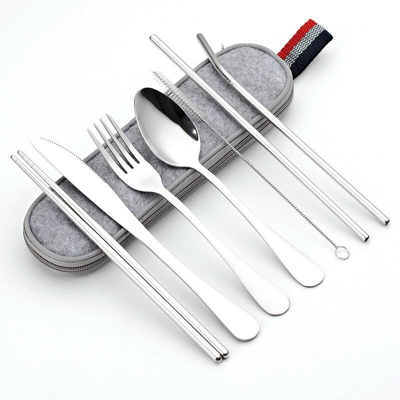 Travel Dinnerware Set Portable Cutlery Camping Dinner Sets Stainless Steel Tableware Rainbow With Straw Kit Brush Chopstick Bag