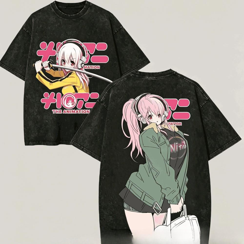 Super Sonico Anime Graphic Tshirt Vintage Washed Manga Merch Harajuku Unisex Oversized Crew Neck Cotton Short Sleeve Tee Tops