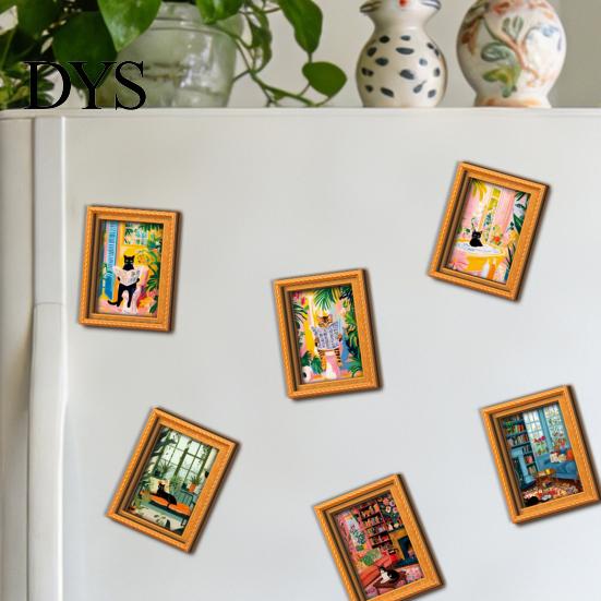 Framed Art Magnets for Housewarming Gifts Cute Cat Magnetic Fridge Magnet, Vintage Wooden Picture Frame, Fun Gift Lovers Renters Scene Decor