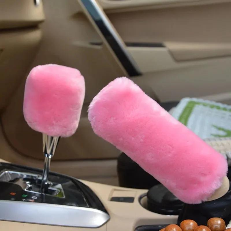 2Pcs Car Handbrake Grip Covers Gear Shift Knob Cover Handle Plush Sleeve Winter Soft Warm Hand Brake Car Accessories for Girls
