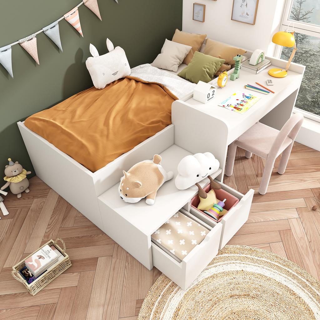 Children's Bed, Solid Wood Single Bed with Desk and Drawers, 90 x 200 cm, White, Storage Bed with Slatted Frame, for Boys & Girls (Without Mattress)