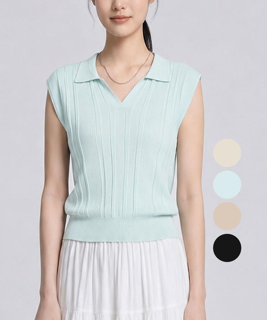 KIM YOUNG JOO GOLF Summer Ribbed Open Collar Soft Women'S Short Sleeve Knit Tee Dqmlnt35