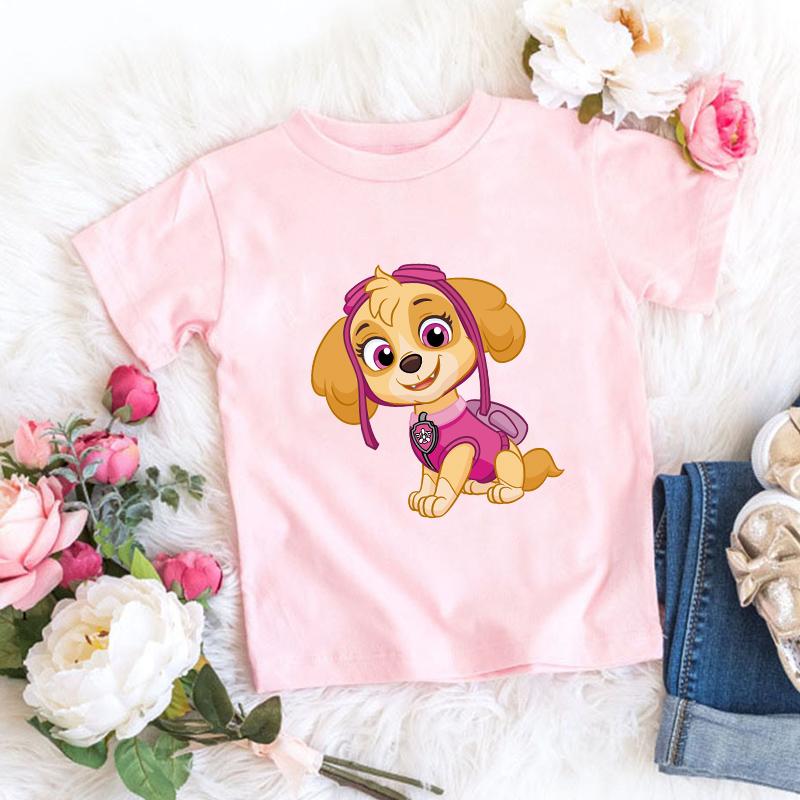 Paw Patrols Series TShirt Pink Cartoon Skye Short Sleeve Tops Summer Korean Clothes Casual Tees Cute Birthdays Gifts