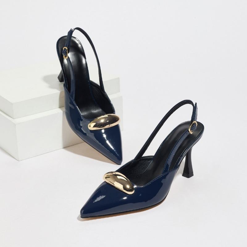 Металлическая Пряжка Новинка Бренд Каблуки Женские Сандалии Пряжка Мода Slingback Вечерние Туфли Женские Роскошные Остроносые Женские Туфли-лодочки