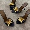 Gold Flower Decor High Heels Slippers Vintage Black Leather 2025 Summer New In Sexy Women's Sandals Luxury Designer Party Shoes