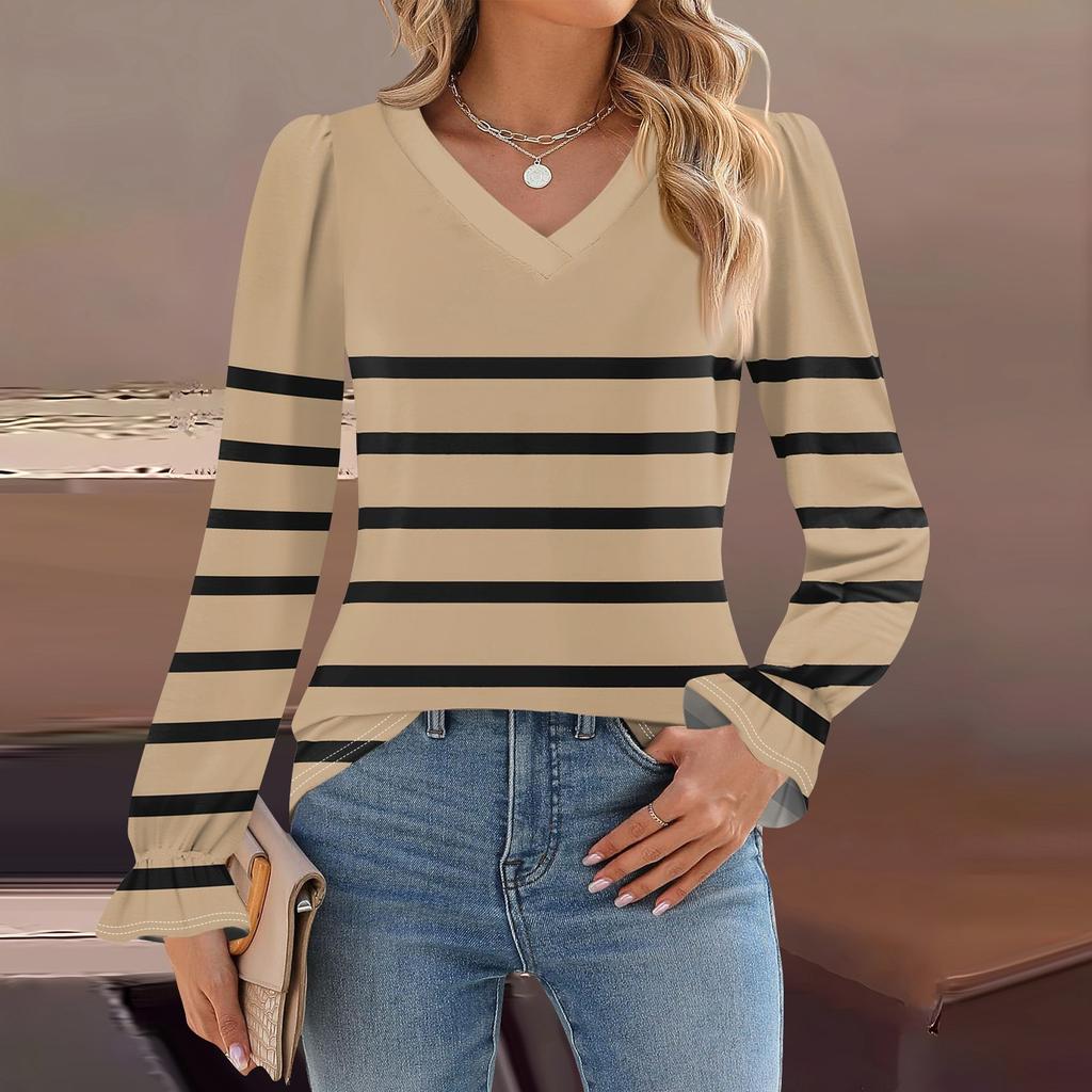 Женский повседневный топ с длинными рукавами и полосатым принтом, с v-образным вырезом
