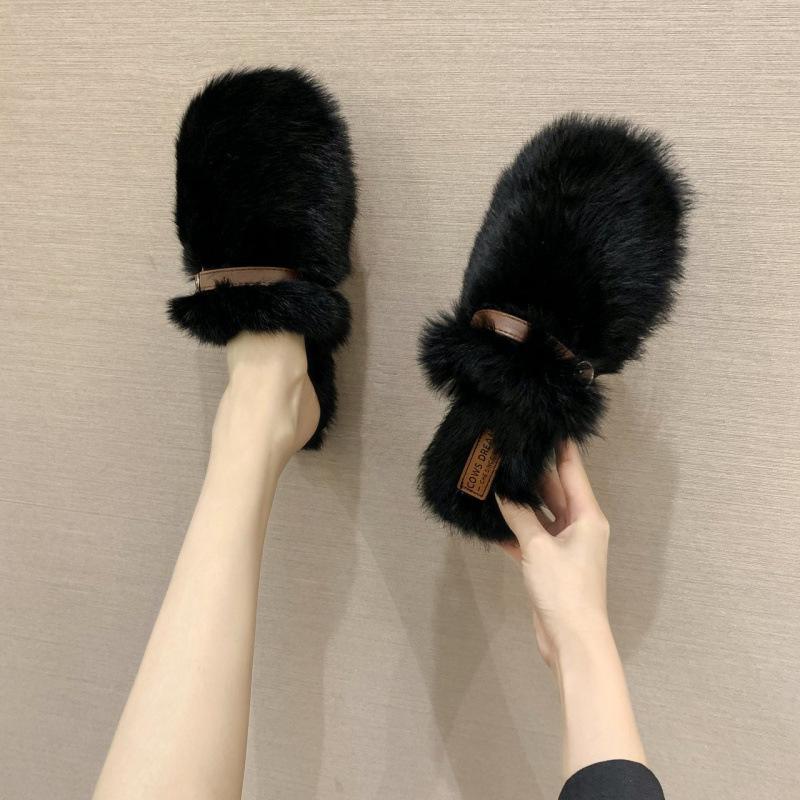 Интернет-знаменитость ленивые мохнатые тапочки сумка голова полутапочки женская обувь 2024 новая трендовая обувь модные универсальные туфли мюли