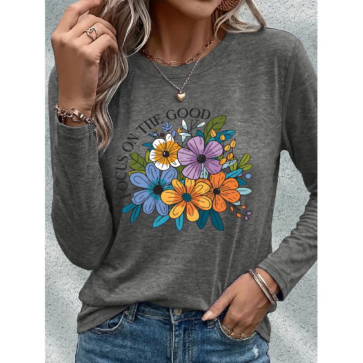 Women's casual sports long sleeve Floral print long sleeve T T-shirt with colorful daisy and wildflower patterns and English letters FOCUS ON THE