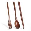 3 PCS Set Wooden Spoons Forks Chopsticks with Tangled Threads of Long Handled Solid Wood Adult Portable Spoons Forks Tableware