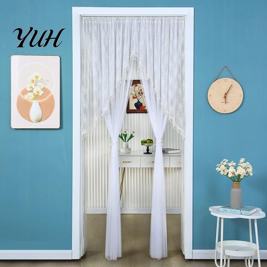 Sheer Privacy Curtain for Bedroom Lace Door Curtain, Embroidered Floral Doorway with Beads, Practical Housewarming Gift Idea Rod Pocket Room
